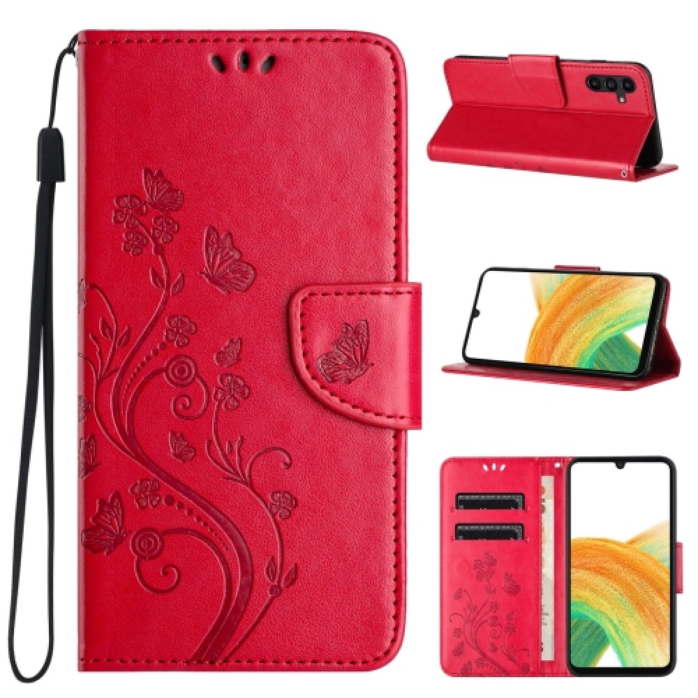 Δερμάτινη θήκη book με μαγνητικό κλείσιμο Butterfly Flower Pattern για το Samsung Galaxy A55 Red
