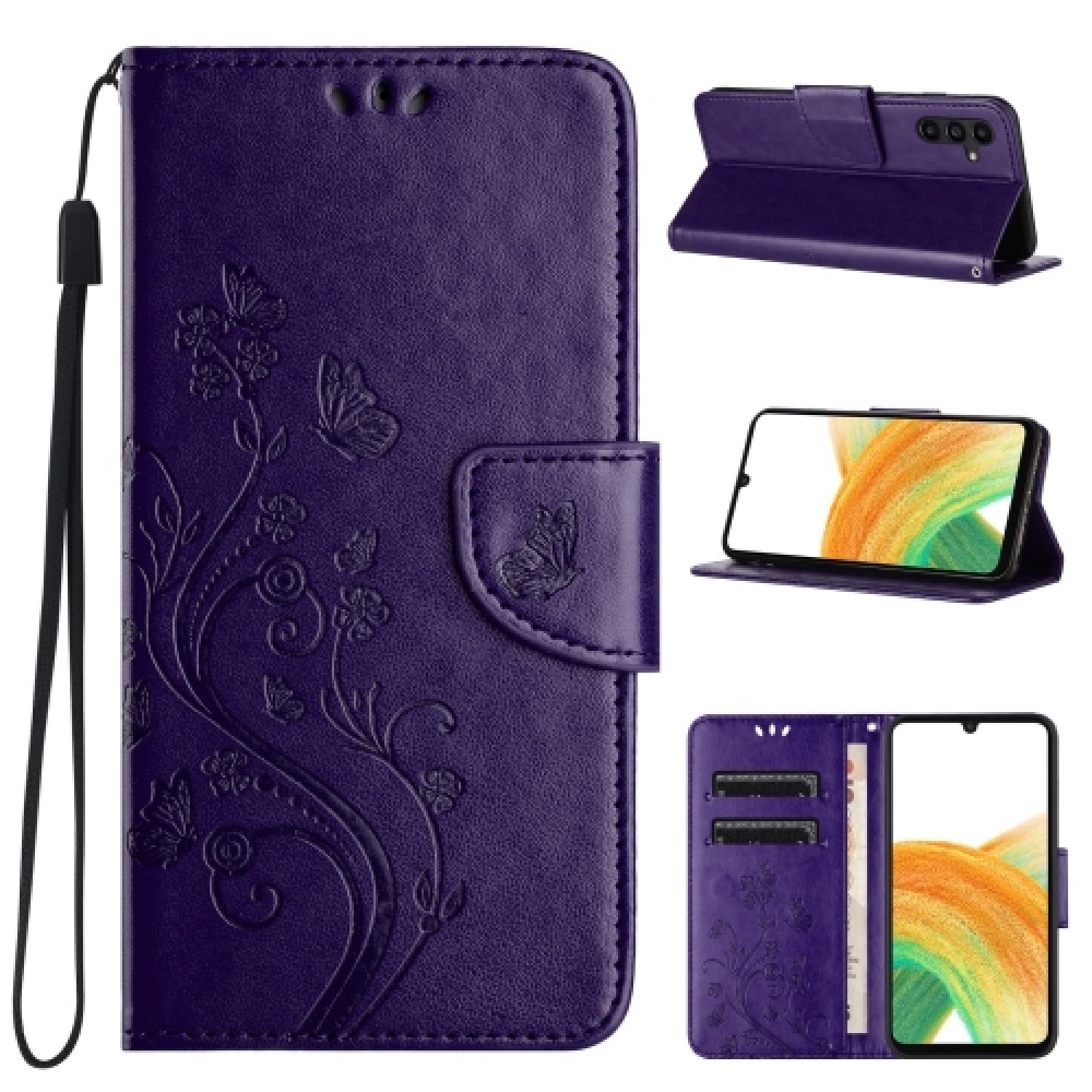 Δερμάτινη θήκη book με μαγνητικό κλείσιμο Butterfly Flower Pattern για το Samsung Galaxy A55 Dark Purple