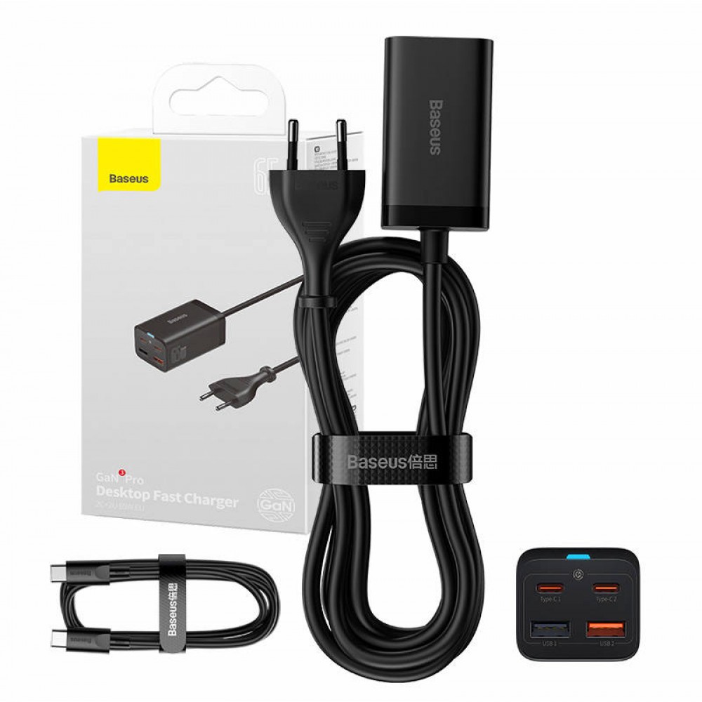 Baseus Φορτιστής με 2 Θύρες USB-A και 2 Θύρες USB-C 65W Power Delivery / Quick Charge 4.0 με καλώδιο (GaN3 Pro CCGP040101) Black