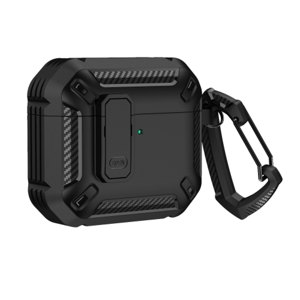 Θήκη Armor Carbon με γάντζο ασφαλείας και διακόπτη για AirPods 4 Black