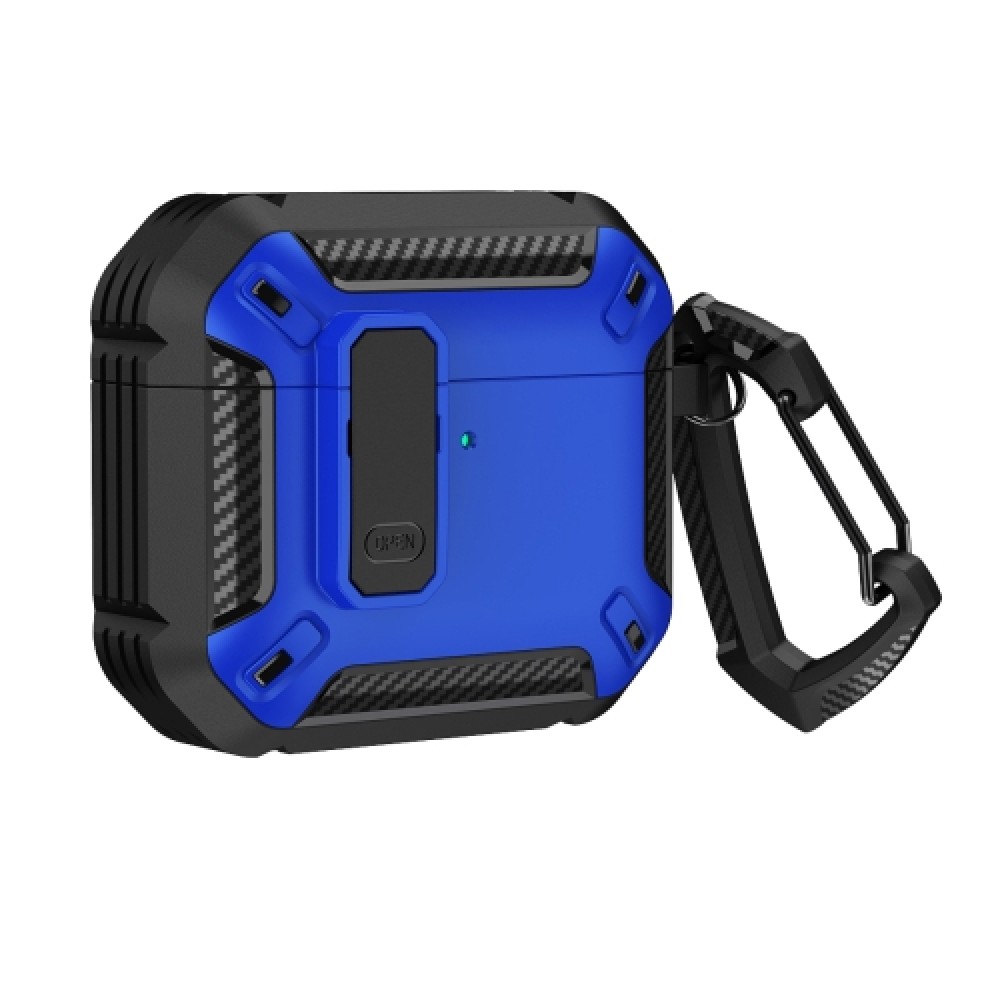 Θήκη Armor Carbon με γάντζο ασφαλείας και διακόπτη για AirPods 4 Black Blue Θήκη Armor Carbon με γάντζο ασφαλείας και διακόπτη για AirPods 4 Black Blue