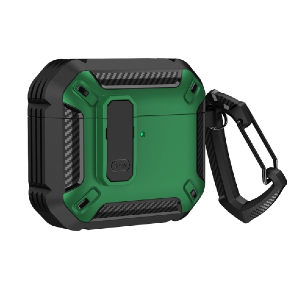 Θήκη Armor Carbon με γάντζο ασφαλείας και διακόπτη για AirPods 4 Black Green Θήκη Armor Carbon με γάντζο ασφαλείας και διακόπτη για AirPods 4 Black Green