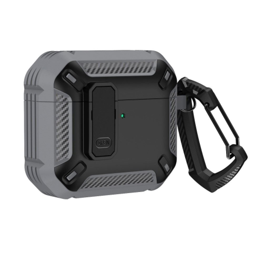 Θήκη Armor Carbon με γάντζο ασφαλείας και διακόπτη για AirPods 4 Black Grey