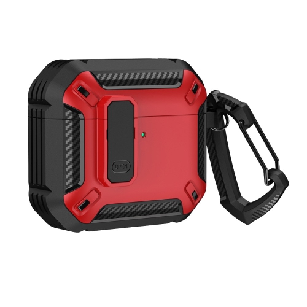 Θήκη Armor Carbon με γάντζο ασφαλείας και διακόπτη για AirPods 4 Black Red Θήκη Armor Carbon με γάντζο ασφαλείας και διακόπτη για AirPods 4 Black Red